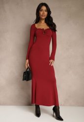 Bordowa Sukienka Koktajlowa z Wiskozą Ozdobiona Metaliczną Aplikacją Refane. Czerwone sukienki Renee, na imprezę, na lato, s, z aplikacjami, z wiskozy, bez kołnierzyka, bez ramiączek, maxi. Za 139.99 zł.