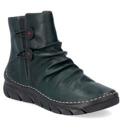 Botki damskie ocieplane filcem zielone Rieker 55052-54. Zielone botki Rieker, bez wzorów, ze skóry ekologicznej, bez obcasa, bez zapięcia. Za 269.99 zł.