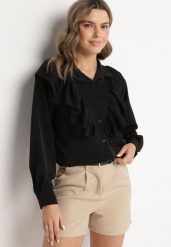 Czarna Koszula z Ozdobną Falbaną Cornelea. Czarne koszule Born2be, bez wzorów, z jeansu, eleganckie, bez kołnierzyka, bez ramiączek. Za 79.99 zł.