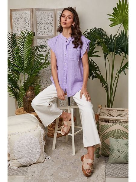 Lin Passion Lniana koszulka w kolorze fioletowym rozmiar: 40/42. Różowe bluzki Lin Passion, bez wzorów, ze lnu, klasyczne, bez kołnierzyka, bez ramiączek. Za 125.85 zł.