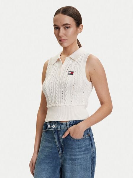 Tommy Jeans Sweter DW0DW22318 Biały Regular Fit. Białe swetry Tommy Jeans, s, bez wzorów, z bawełny, bez ramiączek. Za 279.99 zł.