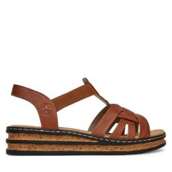Sandały Rieker. Brązowe sandały Rieker, bez wzorów, bez obcasa, na koturnie, bez zapięcia. Za 299.99 zł.