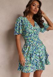 Niebieska Sukienka Mini z Gumkami w Talii i Ozdobnym Marszczeniem Veerisa. Niebieskie sukienki Renee, l, bez wzorów, eleganckie, bez kołnierzyka, bez ramiączek, mini. Za 109.99 zł.