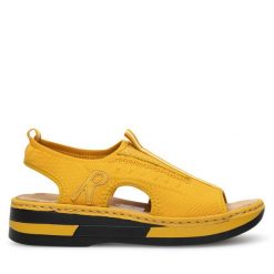 Sandały Rieker. Żółte sandały Rieker, bez wzorów, bez obcasa, na płaskiej podeszwie, bez zapięcia. Za 309.99 zł.