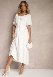 Biała Taliowana Sukienka Pudełkowa ze Sznurkiem w Pasie z Dekoltem w Łódkę Sonadoreta. Białe sukienki Renee, na co dzień, na lato, l, bez wzorów, z materiału, eleganckie, bez kołnierzyka, bez ramiączek, dopasowane. Za 99.99 zł.