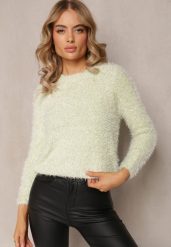 Miętowy Sweter z Puchatego Gładkiej Materiału z Okrągłym Dekoltem i Długim Rękawem Klarrilo. Zielone swetry Renee, na jesień, bez wzorów, z elastanu, bez ramiączek. Za 54.99 zł.