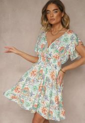 Jasnozielona Kwiatowa Kopertowa Sukienka z Bawełny Ulosiana. Zielone sukienki Renee, na co dzień, l, bez wzorów, z bawełny, eleganckie, bez kołnierzyka, bez ramiączek, mini, kopertowe. Za 39.99 zł.