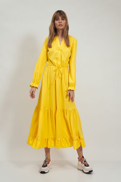 Rozpinana Sukienka z Falbankami - Żółta. Żółte sukienki Nife, s, bez wzorów, z materiału, bez kołnierzyka, bez ramiączek. Za 259.90 zł.