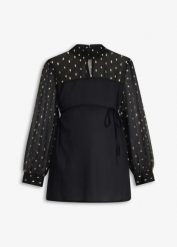 Elegancka bluzka ciążowa z transparentnymi rękawami. Czarne bluzki bonprix, bez wzorów, eleganckie, bez kołnierzyka, moda ciążowa, bez ramiączek. Za 129.99 zł.