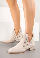 Beżowe Botki Ażurowe z Wkładką ze Skóry Efandoria. Brązowe botki Born2be, w ażurowe wzory, ze skóry, bez obcasa, na płaskiej podeszwie, bez zapięcia. Za 199.99 zł.