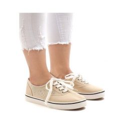 Brązowe Beżowe tenisówki z koronki 7-4K919B. Brązowe trampki ButyModne, z aplikacjami, z gumy, bez zapięcia. Za 77.99 zł.