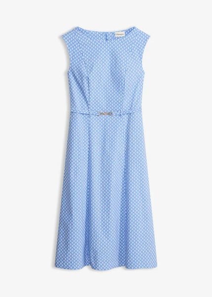 Sukienka z bengaliny z paskiem. Czarne sukienki bonprix, bez wzorów, eleganckie, bez kołnierzyka, bez ramiączek. Za 229.99 zł.