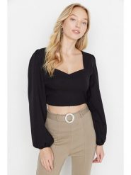 Trendyol Bluzka w kolorze czarnym rozmiar: 40. Czarne bluzki Trendyol, bez wzorów, bez kołnierzyka, bez ramiączek. Za 69.75 zł.