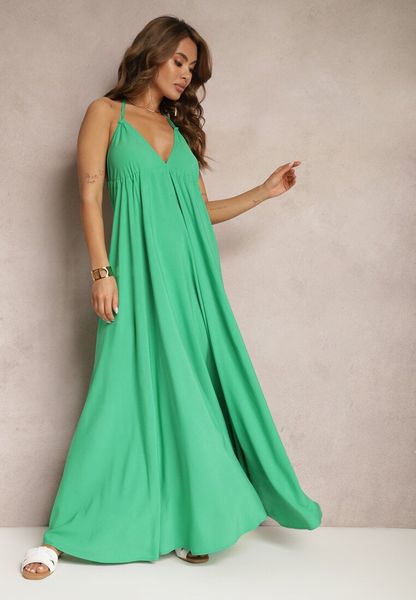 Zielona Rozkloszowana Sukienka Wiązana na Szyi i Plecach z Wiskozy Weilin. Zielone sukienki Renee, na co dzień, na lato, l, bez wzorów, z jeansu, eleganckie, bez kołnierzyka, bez ramiączek, maxi, kopertowe. Za 99.99 zł.