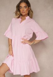 Różowa Rozkloszowana Sukienka z Wiskozą i Falbanami Eviranna. Czerwone sukienki Renee, na co dzień, na lato, bez wzorów, z wiskozy, eleganckie, bez kołnierzyka, bez ramiączek, midi, rozkloszowane. Za 59.99 zł.