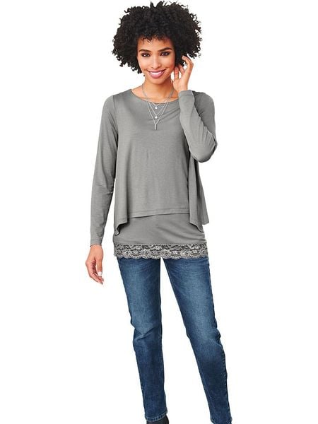 Heine Koszulka w kolorze szarym rozmiar: 36. Szare bluzki Heine, bez wzorów, z koronki, bez kołnierzyka, bez ramiączek. Za 41.49 zł.