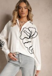 Biała Koszula z Bawełny z Ozdobną Aplikacją z Kwiatami Frolreia. Białe koszule Renee, z aplikacjami, z bawełny, eleganckie, bez kołnierzyka, bez ramiączek. Za 69.99 zł.
