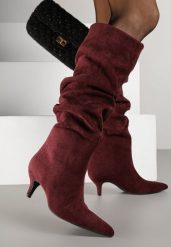 Bordowe Marszczone Kozaki na Obcasie Typu Kaczuszka Alevitte. Czerwone kozaki Born2be, z jeansu, bez obcasa, na obcasie, bez zapięcia. Za 159.99 zł.