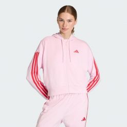 Bluza z kapturem Essentials 3-Stripes French Terry Full-Zip. Czerwone bluzy Adidas, bez wzorów, z materiału, z kapturem. Za 259.00 zł.