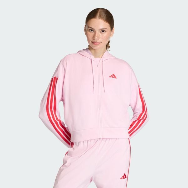 Bluza z kapturem Essentials 3-Stripes French Terry Full-Zip. Czerwone bluzy Adidas, bez wzorów, z materiału, z kapturem. Za 259.00 zł.