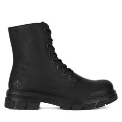 Botki Rieker. Czarne botki Rieker, bez wzorów, bez obcasa, na płaskiej podeszwie, bez zapięcia. Za 295.99 zł.