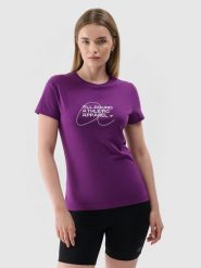4F T-shirt slim z nadrukiem damski - fioletowy XL. Fioletowe t-shirty 4f, xl, bez wzorów, z bawełny, bez kołnierzyka, bez ramiączek. Za 29.99 zł.