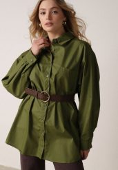 Zielona Długa Koszula Oversize z Bawełny i Wiskozy z Paskiem z Klamrą Thessalonike. Zielone koszule Born2be, m, bez wzorów, z bawełny, bez kołnierzyka, bez ramiączek. Za 139.99 zł.