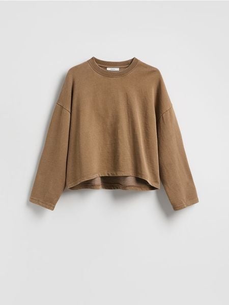 Gładka bluza z bawełną - brązowy. Brązowe bluzy Reserved, l, bez wzorów, z bawełny, bez kaptura. W wyprzedaży za 45.99 zł.