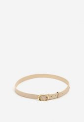 Jasnobeżowy Pasek Ozdobiony Zaokrągloną Klamrą Vozera. Brązowe paski Renee, bez wzorów, z jeansu, eleganckie. Za 19.99 zł.