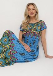 Niebieska Bawełniana Sukienka w Etno Wzór z Gumką w Talii i Hiszpańskim Dekoltem Orose. Niebieskie sukienki Born2be, na co dzień, l, z aplikacjami, z bawełny, eleganckie, bez kołnierzyka, bez ramiączek, maxi, proste. Za 59.99 zł.