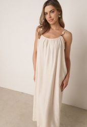 Beżowa Pudełkowa Sukienka Boho z Wiskozy na Ramiączkach z Ozdobnymi Koralikami Erane. Brązowe sukienki Born2be, na co dzień, l, bez wzorów, z tkaniny, boho, bez kołnierzyka, plus size, bez ramiączek, maxi, proste. Za 89.99 zł.