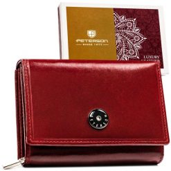 Elegancki i kompaktowy portfel damski w czerwonym kolorze wykonany ze skóry naturalnej - Peterson. Czerwone portfele Peterson, bez wzorów, ze skóry. Za 109.24 zł.