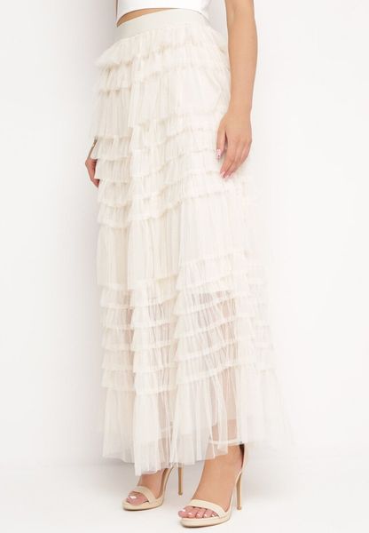 Beżowa Bawełniana Spódnica Maxi z Siateczki Ozdobiona Falbankami Acael. Brązowe spódnice Born2be, na spacer, na lato, bez wzorów, z bawełny, maxi, dopasowane. Za 69.99 zł.