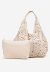 Beżowa Torebka Hobo Zdobiona Ażurową Perforacją z Dodatkową Saszetką Frolana. Brązowe torby na ramię Renee, z aplikacjami, z jeansu, zdobione, bez dodatków. Za 119.99 zł.