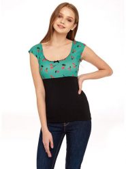Pussy Deluxe Koszulka "Cat Cherries" w kolorze czarno-zielonym rozmiar: XL. Czarne bluzki Pussy Deluxe, xl, bez wzorów, bez kołnierzyka, bez ramiączek. Za 56.12 zł.