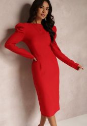 Czerwona Sukienka Taliowana z Bufiastym Rękawem Adarei. Czerwone sukienki Renee, s, bez wzorów, eleganckie, bez kołnierzyka, bez ramiączek, midi, kopertowe. Za 99.99 zł.