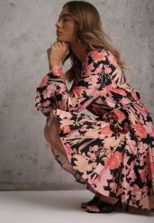 Czarna Sukienka z Wiskozy w Kwiatowy Print Ozdobiona Paskiem Asintena. Czarne sukienki Renee, na co dzień, l, bez wzorów, z koronki, eleganckie, bez kołnierzyka, bez ramiączek, mini. Za 129.99 zł.