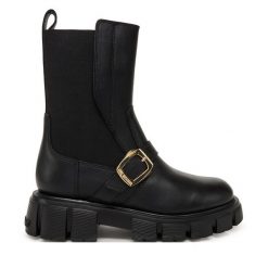 Sztyblety LOVE MOSCHINO. Czarne botki Love Moschino, bez wzorów, bez obcasa, na płaskiej podeszwie, bez zapięcia. Za 1,259.00 zł.