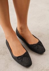 Czarne Plecione Balerinki z Wkładką ze Skóry Naturalnej i Kokardą Amipeilla. Czarne baleriny Born2be, z aplikacjami, z jeansu, bez obcasa. Za 49.99 zł.