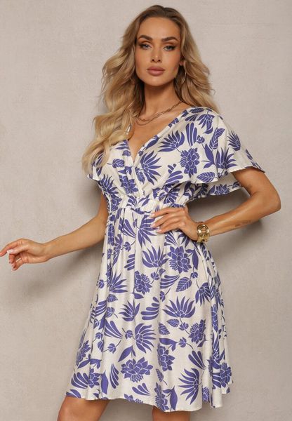 Biało-Granatowa Sukienka z Motywem Roślinnym z Gumką w Talii i Dekoltem w Serek Wiacara. Białe sukienki Renee, na co dzień, na lato, l, bez wzorów, bez kołnierzyka, bez ramiączek, mini, rozkloszowane. Za 89.99 zł.