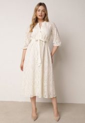 Beżowa Koronkowa Sukienka Koszulowa o Rozkloszowanym Dole z Paskiem w Talii Nesssea. Brązowe sukienki Born2be, do pracy, l, bez wzorów, z koronki, biznesowe, bez kołnierzyka, bez ramiączek, midi, koszulowe. Za 229.99 zł.