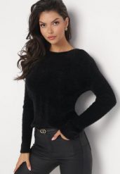 Czarny Dopasowany Sweter z Dzianiny w Prążki Corde. Czarne swetry Born2be, bez wzorów, z dzianiny, bez ramiączek. Za 49.99 zł.