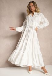 Biała Rozkloszowana Sukienka z Wiskozy w Stylu Boho z Koronką i Gumką Gonalien. Białe sukienki Renee, na co dzień, na lato, m, bez wzorów, z koronki, boho, bez kołnierzyka, bez ramiączek, maxi, rozkloszowane. Za 109.99 zł.