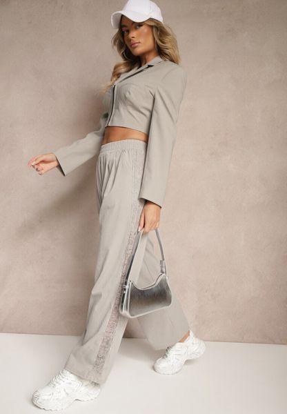 Jasnoszare Szerokie Spodnie z Bawełną High Waist Ozdobione Koronką Efandiela. Szare spodnie materiałowe Renee, na co dzień, l, bez wzorów, z bawełny, z podwyższonym stanem, długie. Za 59.99 zł.