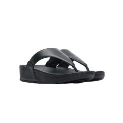 Sandały FitFlop z ergonomiczną podeszwą Microwobbleboard™. Czarne sandały Flip Flop, bez wzorów, z jeansu, eleganckie, bez obcasa, na koturnie, bez zapięcia. Za 421.00 zł.