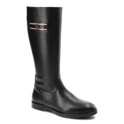 Czarne Kozaki Damskie Tommy Hilfiger Eleganckie Skórzane Buty. Czarne kozaki TOMMY HILFIGER, ze skóry, bez obcasa, na płaskiej podeszwie, bez zapięcia. Za 689.00 zł.