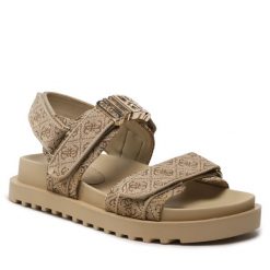 Sandały Guess. Brązowe sandały Guess, z aplikacjami, bez obcasa, na płaskiej podeszwie, bez zapięcia. Za 409.99 zł.