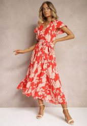 Czerwona Kopertowa Plisowana Sukienka Koktajlowa z Gumką i Paskiem w Talii Benelsea. Czerwone sukienki Renee, m, bez wzorów, z materiału, eleganckie, bez kołnierzyka, bez ramiączek, maxi, dopasowane. Za 59.99 zł.