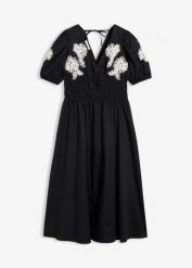 Sukienka midi z haftem. Czarne sukienki bonprix, na lato, bez wzorów, z bawełny, bez kołnierzyka, bez ramiączek, midi. Za 229.99 zł.