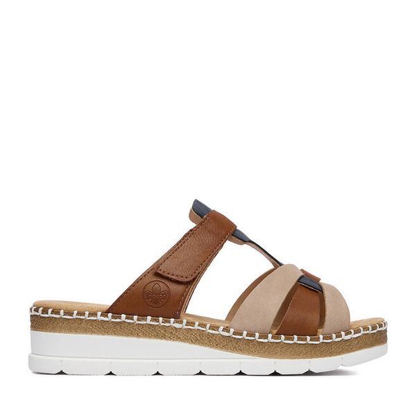 Klapki Rieker. Brązowe klapki Rieker, bez wzorów, bez obcasa. Za 319.99 zł.